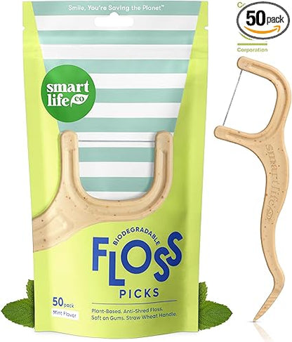 SmartLifeco Biodegradable Dental Floss Picks - Plant Based Handle, Thin Thread Tooth Flossers for Adults  Kids, Eco Friendly Toothpick Soft on Gum  Teeth, Compostable Zero Waste Vegan, 1 Bag - 50pk