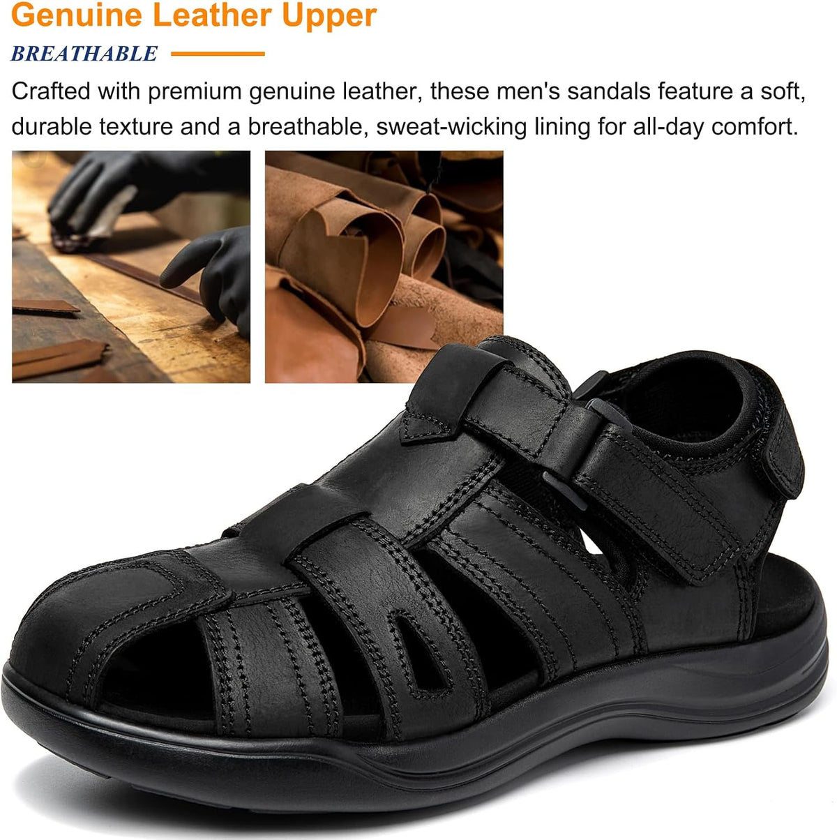 Size 13 Men's Sport Sandals Closed Toe Leather Hiking Athletic Walking Outdoor Beach Trail River Fishing Water Shoes Lightweight Comfortable Waterproof