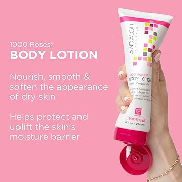 Andalou Naturals 1000 Roses Soothing Body Lotion, with Cocoa  Shea Butter, Aloe  Rosehip, Hydrating Sensitive Skin Lotion for Dry Skin, 8 Fl. Oz