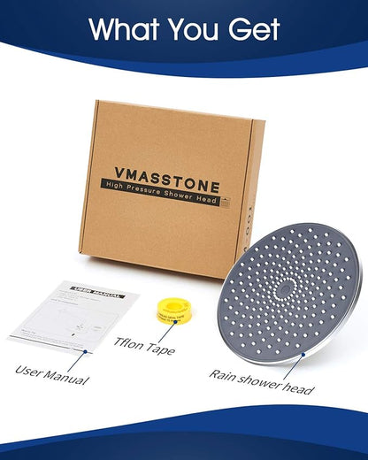 Large Shower Head VMASSTONE 9In High Pressure Showerhead - Tool Free Installation- with Large Spray Surfaces and 200 Nozzles for Delicate and Unstimulate Shower Experience (EM-001 ChromeDark Grey)