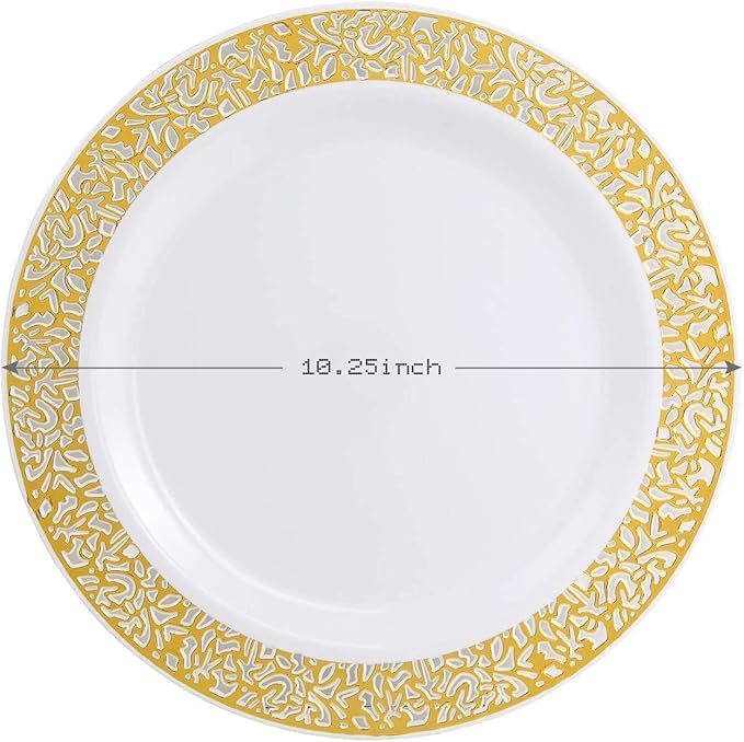 supernal 100pcs Gold Plastic Plates, 10.25" Plastic Dinner Plates, White Plastic Plates with Gold Rim,Gold Lace Plates,Gold Plastic Plates for Weddings Celebrations and Parties