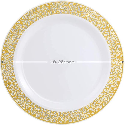 supernal 100pcs Gold Plastic Plates, 10.25" Plastic Dinner Plates, White Plastic Plates with Gold Rim,Gold Lace Plates,Gold Plastic Plates for Weddings Celebrations and Parties