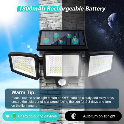 Tuffenough Solar Outdoor Lights 2500LM 210 LED Security Lights with Remote Control,3 Heads Motion Sensor Lights, IP65 Waterproof,270° Wide Angle Flood Wall Lights with 3 Modes(3 Packs
