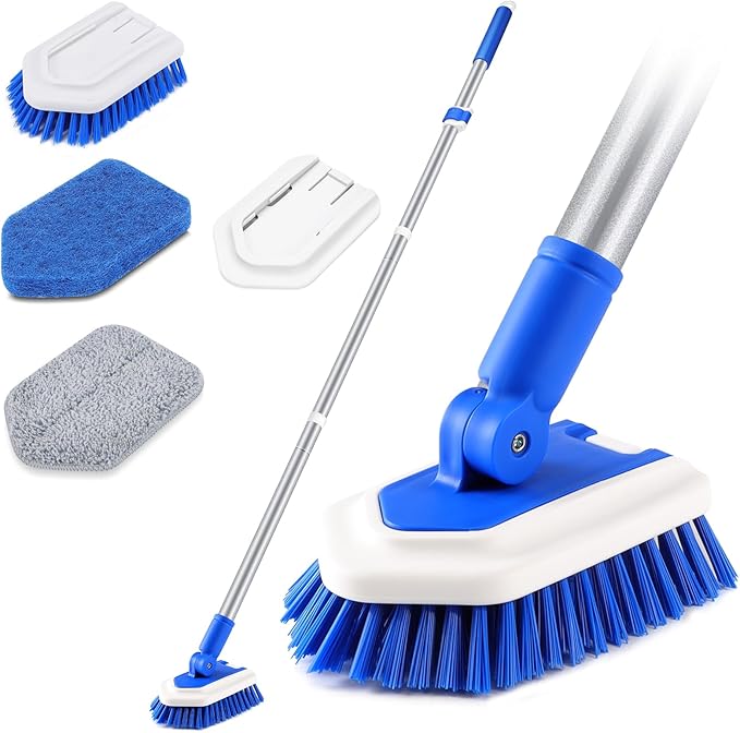Lalafancy Shower Cleaning Brush with Locking Head, 3 in 1 Tub Tile Scrubber Brush with 50'' Extendable Long Handle Stiff Bristles Scouring Pads Microfiber for Cleaning Bathtub Shower Wall Bathroom