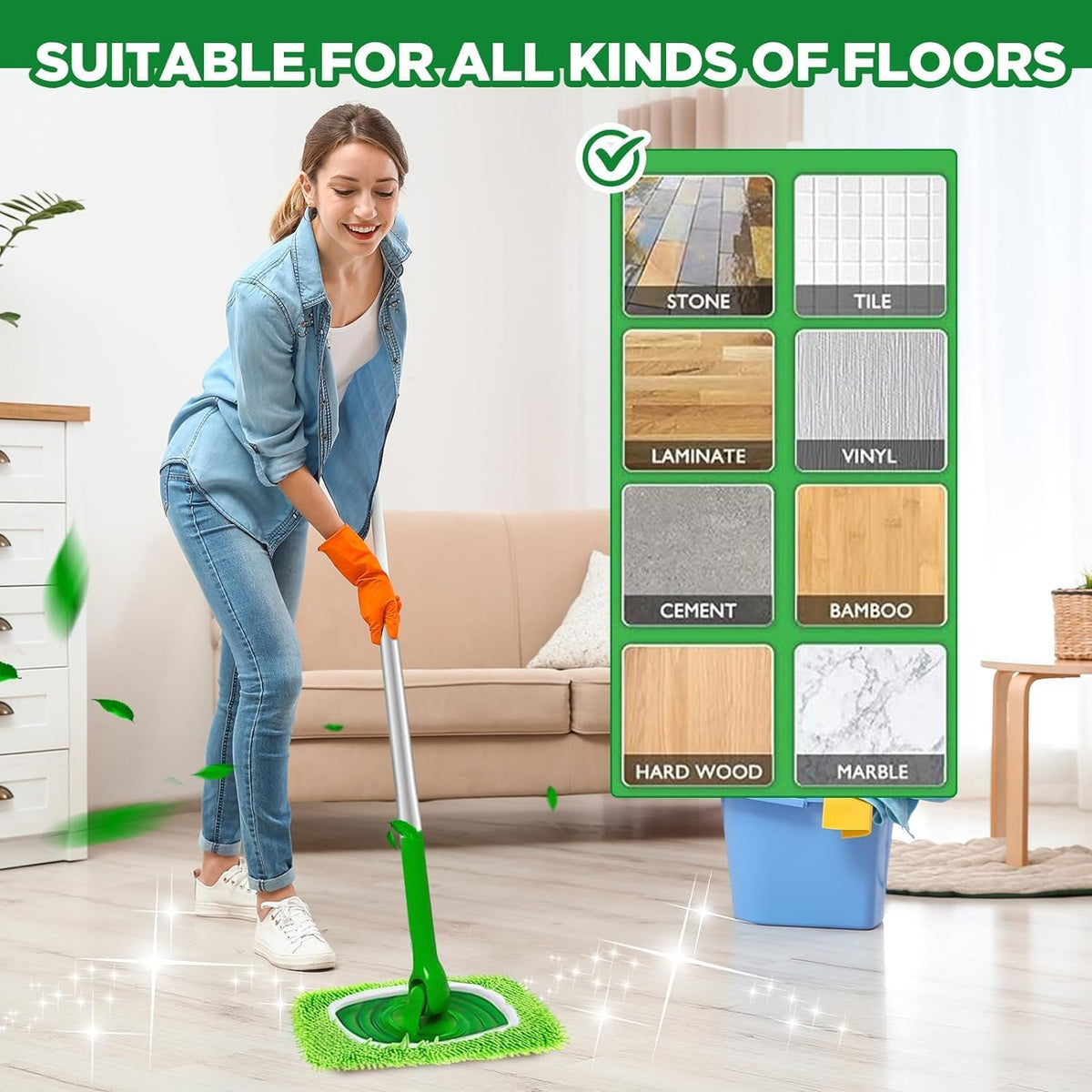 Reusable Microfiber Mop Pads Washable Wet Pads Compatible with Swiffer Sweeper Refills Pads for Wet & Dry Sweeping Cloths Mop Head Replacement for Household Cleaning (Green 4PCS)