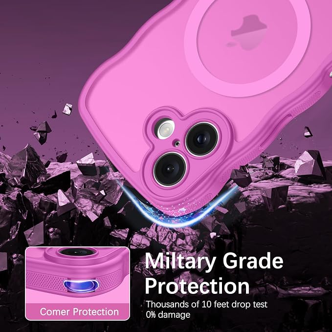 BENTOBEN Magnetic for iPhone 16 Case, Cute Wavy [Full Camera Protection][Compatible with MagSafe] Matte Anti-Slip Bumper Women Girls Boys Protective Phone Case for iPhone 16 6.3", Berry Pink