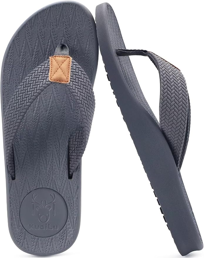 KuaiLu Mens Flip Flops Arch Support Comfortable Summer Beach Thong Sandals Yoga Foam Cushion Slip on Slippers