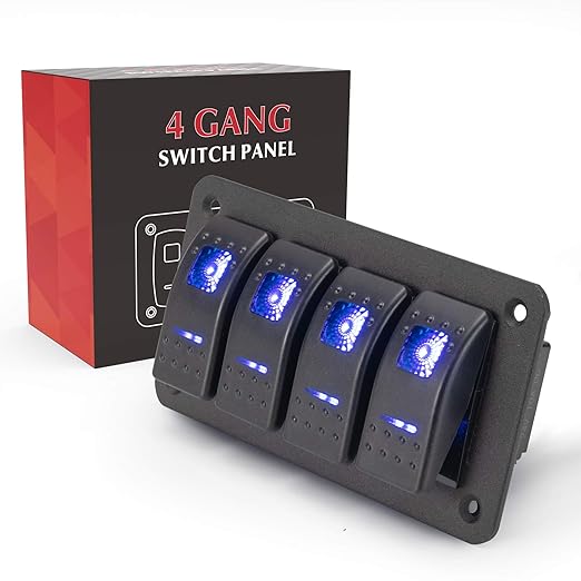 BUNKER INDUST 4 Gang Rocker Switch Aluminum Panel with Blue LED Light Waterproof 5 Pin On Off Toggle Switches for 12V24V Marine Boat RV Truck Car ATVs
