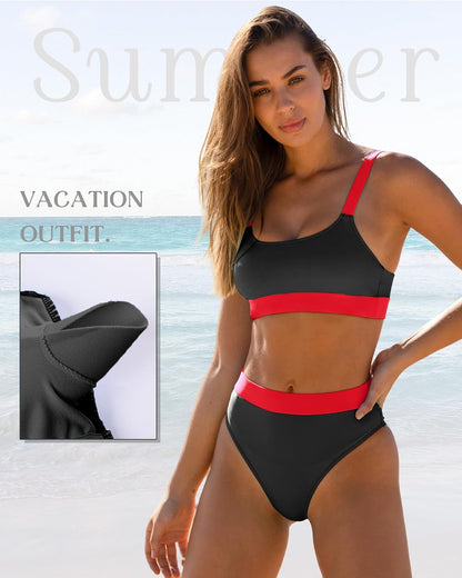 Women High Waisted Bikini Sets Color Block Swimsuits 2 Piece Bathing Suits Tummy Control Sporty Teens