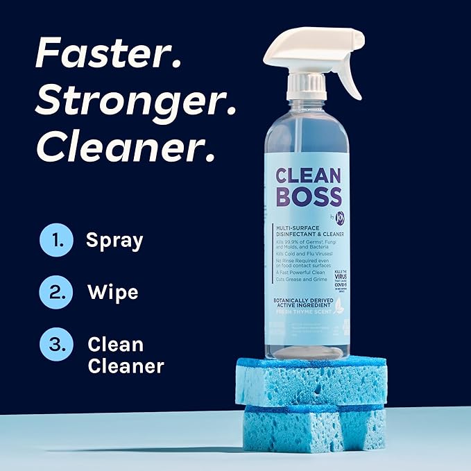 CleanBoss Botanical Disinfectant - 24 oz (Pack of 2) - Multi-Surface Cleaner - Kills 99.9 of Germs  Cold  Flu Viruses - Fresh Thyme Scent - No Rinse on Food Contact Surfaces - Pet Friendly