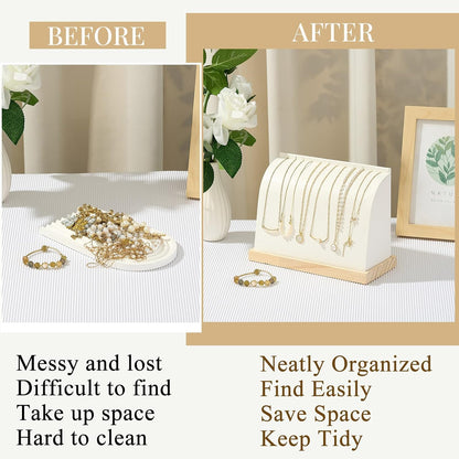 2 Pieces Cambered Wooden Necklace Display Stand with Soft Mat Necklace Holder Jewelry Display for Vendors Home Boutique Countertop Pendant Chain Chokers Organizer Pendant (White,PU Leather)