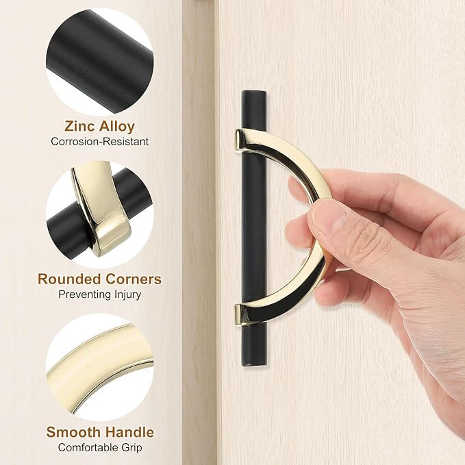 uxcell 1 Pcs 3.78 Inch Kitchen Cabinet Handles, Half Moon Drawer Pulls Cabinet Pull Sliding Door Pull with Screw, Black/Gold