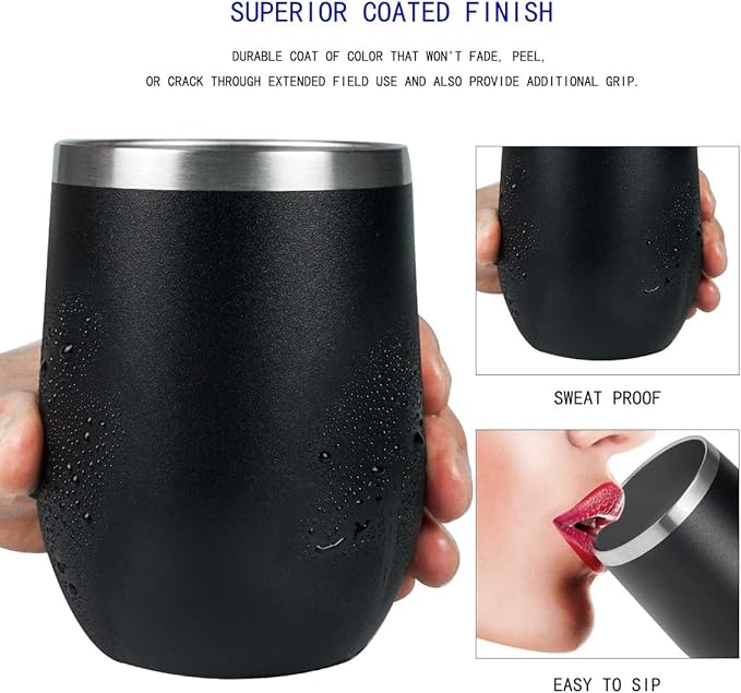 Wine Tumbler - 4 Pack 12 oz Stainless Steel Tumbler with Lid,Stemless Double Wall Vacuum Insulated Travel Cup for Wine,Coffee,Cocktails(Black)
