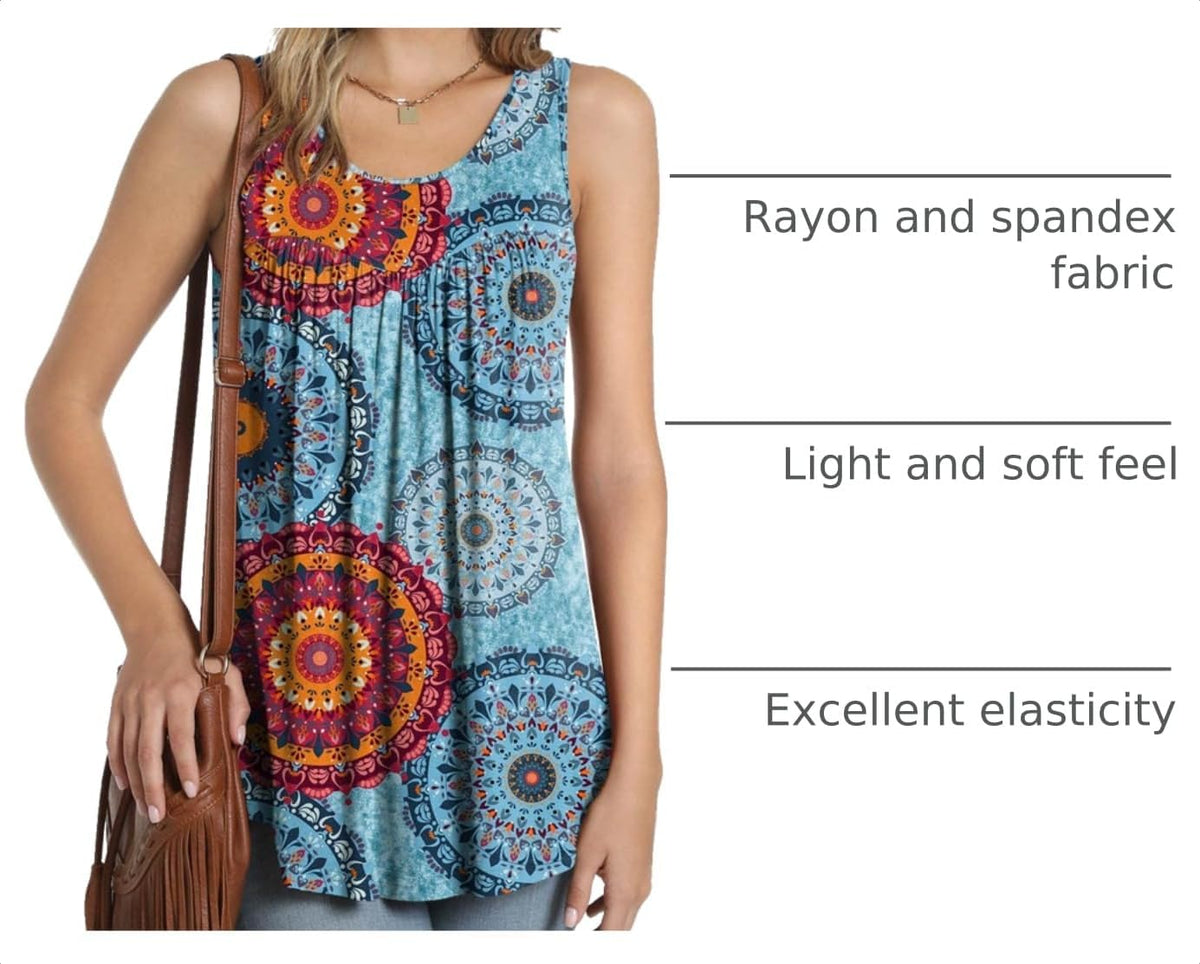 Anydeer Women Tank Tops Casual Summer Tunics Sleeveless Pleated Crewneck Shirts Loose Fit Flowy Blouses M-4XL