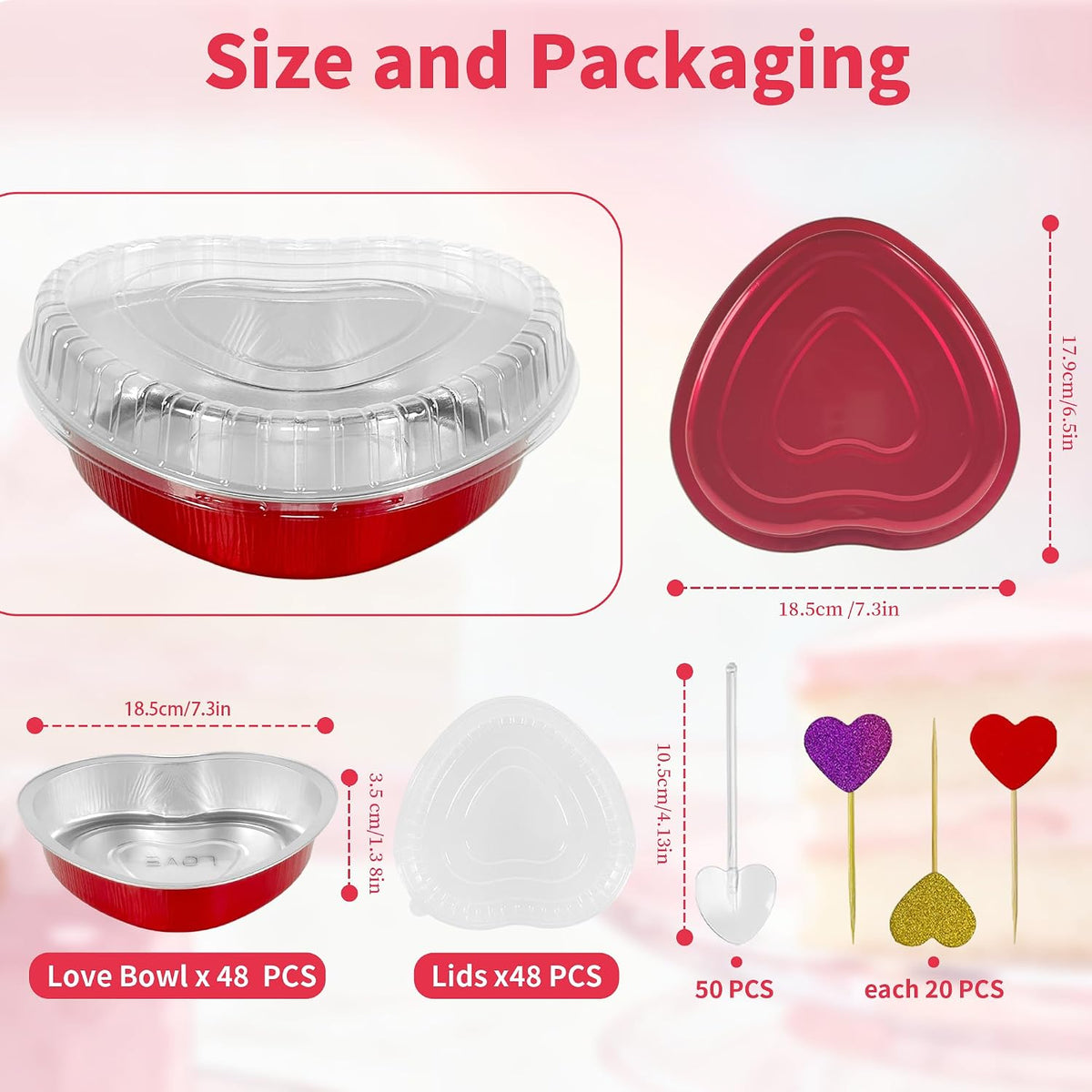 yeload 24 Pack 8 Inch Heart Shaped Cake Pans with Lids, 23oz Large Disposable Foil Heart Pans for Valentine's & Mother's Day, Aluminum Heart Cake Pans, Valentine's Day Baking Kit (Red)