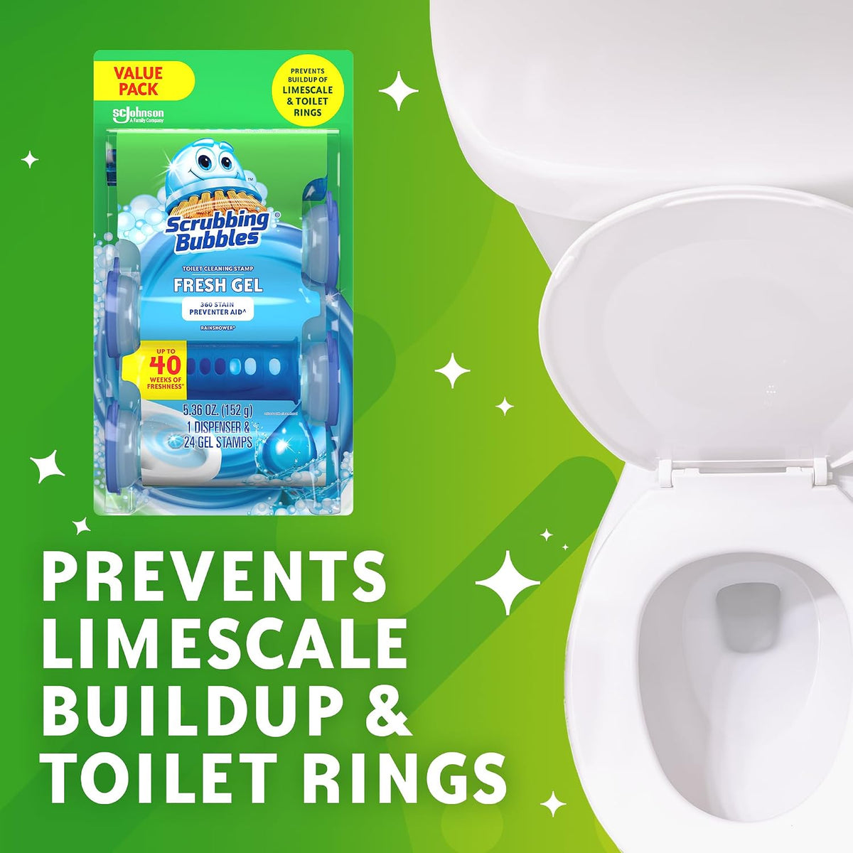 Scrubbing Bubbles Toilet Bowl Cleaning Stamps, Keeps Toilet Clean and Helps Prevent Limescale and Rings, Rainshower Scent, 1 Dispenser with 24 Stamps