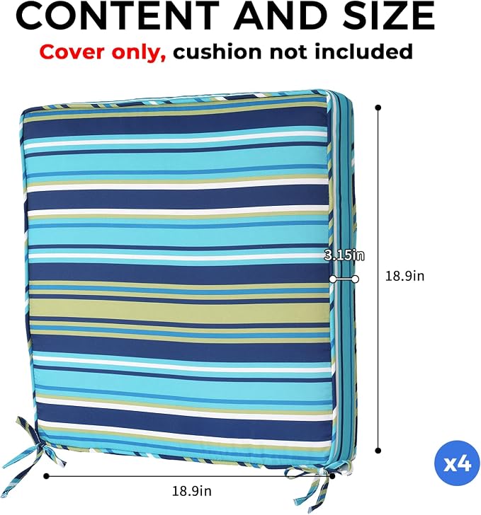 4 Pack Patio Cushion Covers Replacement, Washable Outdoor Cushion Covers Replacement with Zipper, Waterproof Outdoor Couch Cushion Slipcovers for Patio Furniture, Cyan Stripes, 18.9"D×18.9"W×3.15"H