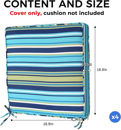 4 Pack Patio Cushion Covers Replacement, Washable Outdoor Cushion Covers Replacement with Zipper, Waterproof Outdoor Couch Cushion Slipcovers for Patio Furniture, Cyan Stripes, 18.9"D×18.9"W×3.15"H