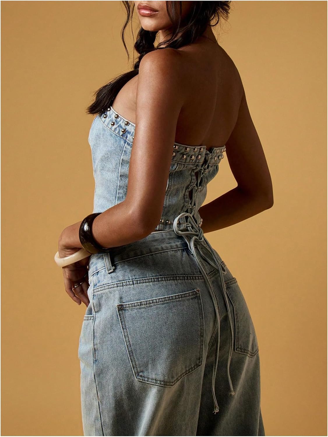 Women's Studded Denim Tube Top Lace Up Strapless Summer Y2K Bandeau Shirt