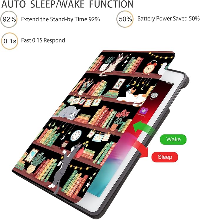 iPad Air 2 CaseiPad Air Case, iPad 9.7 Case for iPad 5th6th Generation Case 20172018 Kids Men Women Soft Back Shockproof Cover Multi -Angle View Adjustable Stand Auto WakeSleep, Bookshelf Cat