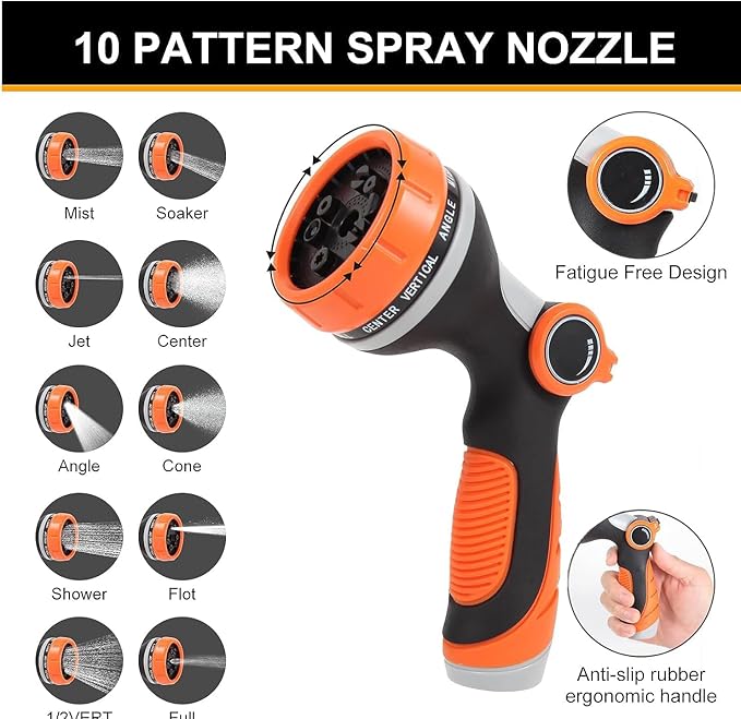25ft Flexible Garden Hose, Spiral Water Hose, Lightweight and Kink-Free, with 34 Inch Brass Connector, 10 Pattern Nozzle (Orange Grey)