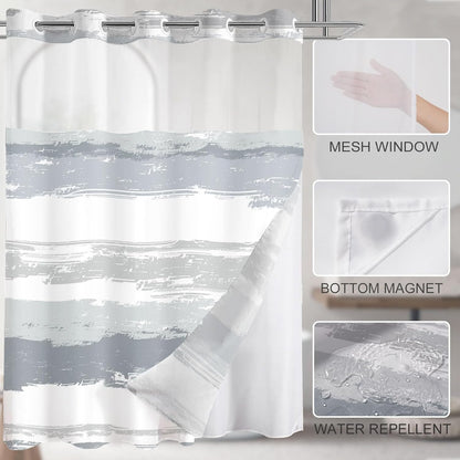 No Hook Shower Curtain and Liner Set, Grey and White Striped Hotel Shower Curtains for Bathroom, Minimalist Waterproof Bathroom Curtain Sets with Snap in Liner Mesh Top Window, 71x74 Inch