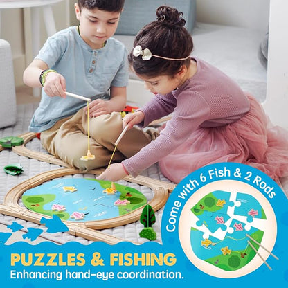 110-piece wooden train set sparks creativity and imagination in young kids, entertaining them for hours.