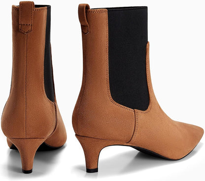 Coutgo Womens Ankle Boots Low Kitten Heel Pointed Toe Slip On Elastic Dressy Fall Winter Booties Shoes