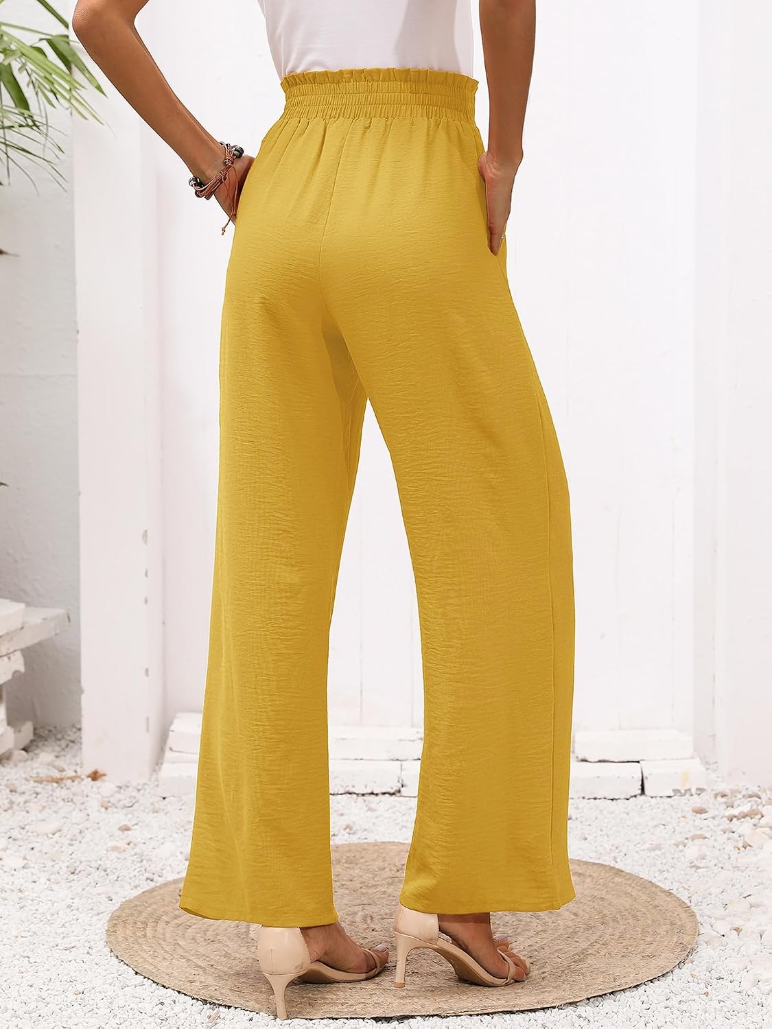 Heymoments Women's Wide Leg Lounge Pants with Pockets Lightweight High Waisted Adjustable Tie Knot Loose Trousers