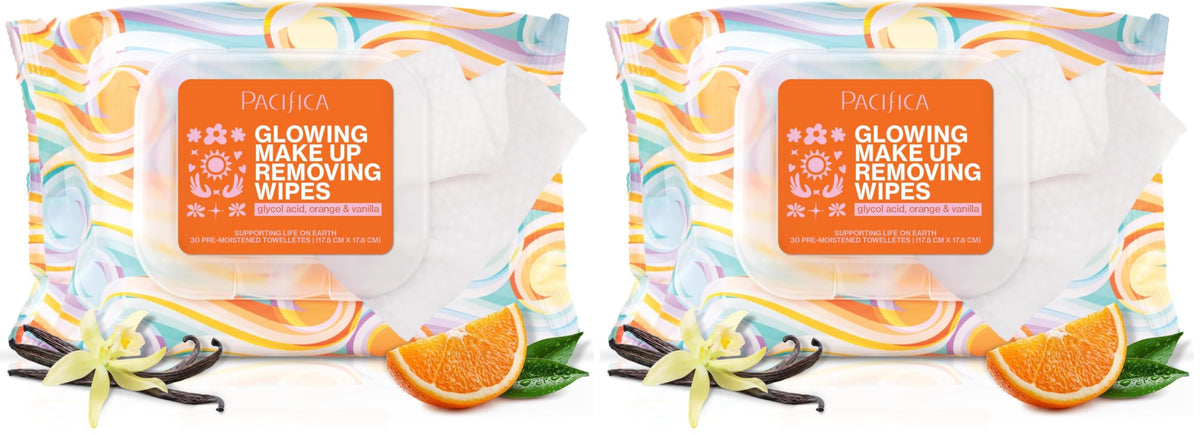 Pacifica Makeup Remover Face Wipes - Daily Facial Cleansing & Exfoliating Towelettes - Biodegradable - Organic - w/Gycolic Acid - Clean Beauty Vegan & Cruelty-Free Dermatologist Tested (Pack of 2)