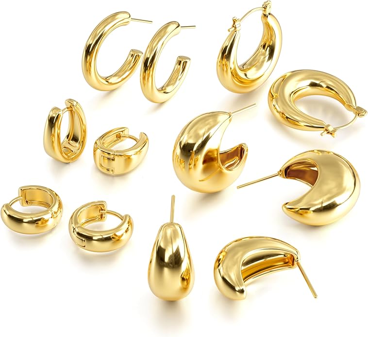Gold Hoops Earrings for Women - 925 Sterling Silver Post, 14K Gold Plated Small Chunky Hypoallergenic Hoop Earrings, Thick Lightweight Huggie Earrings Jewelry