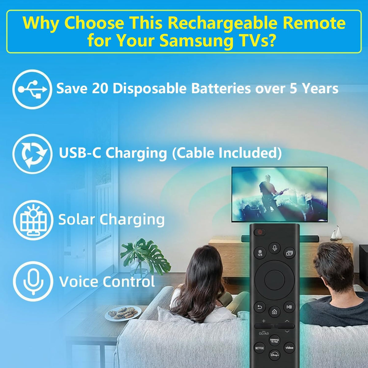Rechargeable TV Remote for Samsung Smart TVs, Replacement for All 2019-2025 Samsung TV Remote Control with Voice Control. USB-C Fast Charging. Solar Charging