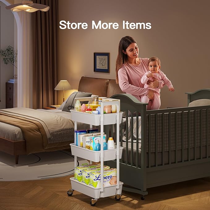 Pipishell 3 Tier Rolling Cart Organizer, Plastic Rolling Cart with Lockable Wheels  Reinforced Handle, Lightweight Utility Cart Storage Cart for Nursery, Kitchen, Bathroom, Craft Room, White, PIUC14W