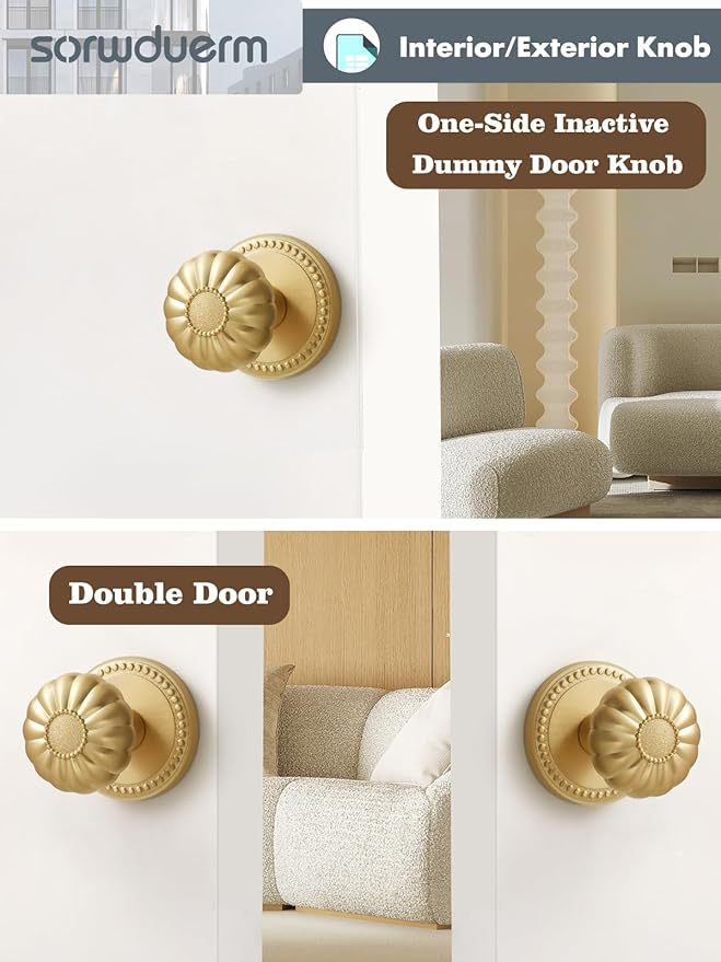 Dummy Gold Door Knobs Interior Satin Brass Dummy Door Handle Single Sided Decorative,Zinc Alloy 2 Pack