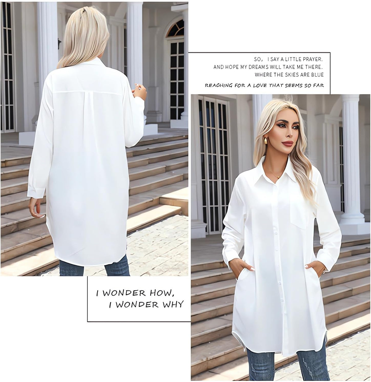 2 pockets at the chest and 2 pockets at the side waist jinghuiyue Women's Casual Button Down Shirts Long Sleeve Oversize Blouse Loose Shirt Dress with Side Pockets