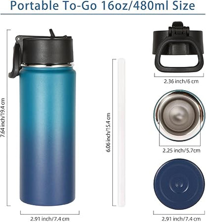 Volhoply Kids Insulated Water Bottle With Straw,16oz Stainless Steel Cold Water Bottles for School,BPA-Free Metal Wide Mouth Cups With Handle,Reusable Double Wall Vacuum Sport Thermos(Dark Night,1)