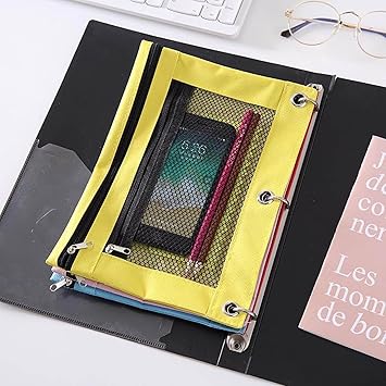 Pencil Pouch for 3 Ring Binder, Clear Window Pencil Case for Binder, Pencil Bags with Zipper  Reinforced Grommets, Pencil Case for Binder, Fabric Pencil Pouch (Yellow)
