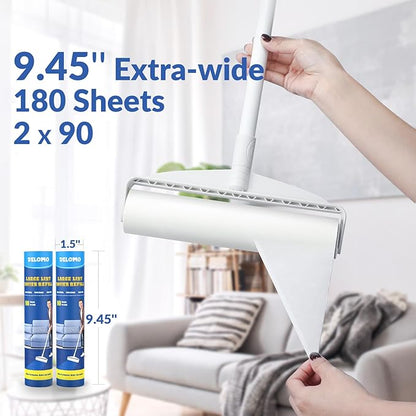 Lint Roller Refills - DELOMO Large Lint Roller Refill (2 Packs 180 Sheets) for Lint Remover, 9.45 in Pet Mega Extreme Stick Refill for Floor Roller, Cleaning for Carpets, Cars, Clothing, and Pet Hair