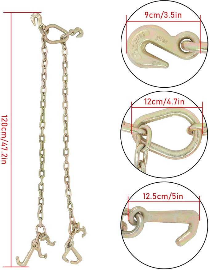 GXYWADY 5400 LBS 70 Chain Tow Chain Grade V-Bridle with RJT Cluster Hooks 516 Short Pitch Chain Replacement for Tow Truck Winch Cable Pull Wrecker