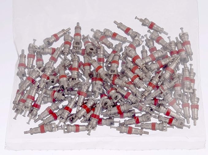 (PACK OF 100) Premium TPMS Safe, Nickel Plated Red Valve Cores, MADE IN THE USA For Schrader Valves, VA-01 For Use on Cars, Trucks, Semi-Trucks, Motorcycles, Bikes, HVAC, Air Conditioning Applications
