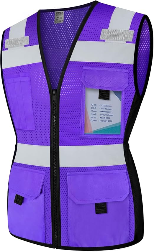 TCCFCCT Safety Vest for Women 11 Pockets Mesh Reflective Vest with Zipper, High Visibility Neon Construction Work Vest for Lady Workers/Surveyors/Drivers, Snug-Fit & Durable, ANSI Compliant, Purple M