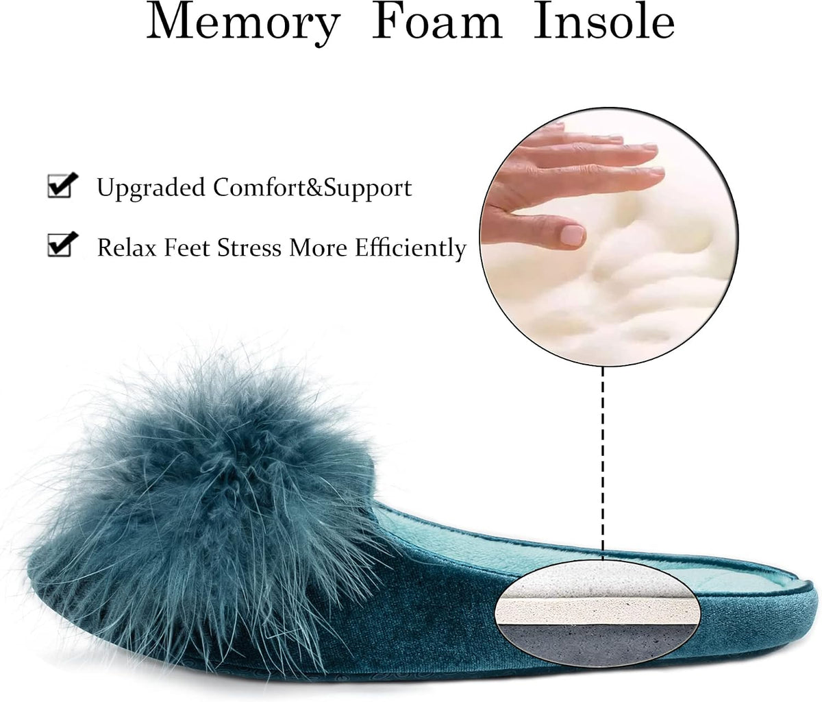 GRITHEIM Women's Fuzzy Pom Pom Velvet Memory Foam House Slippers Ladies Cozy Chenille Knit Bedroom Slippers Non-slip Sole Indoor Outdoor