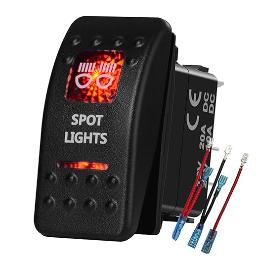 Red Led Spot Lights Rocker Switch 5 Pin OnOff Waterproof Toggle Switch for Car Boat Can Am UTV ATV Polaris 20A12V 10A24V Switch, with Jumper Wires Set
