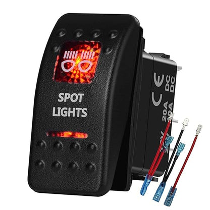 Red Led Spot Lights Rocker Switch 5 Pin OnOff Waterproof Toggle Switch for Car Boat Can Am UTV ATV Polaris 20A12V 10A24V Switch, with Jumper Wires Set