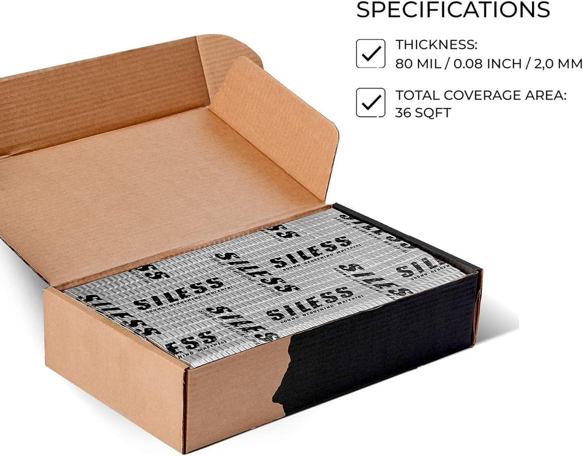 Siless 80 mil (2mm) 36 sqft (3.4 sqm) Car Sound Deadening mat - Butyl Automotive Sound Deadener - Noise Insulation and Vibration Dampening Material (36 sqft)