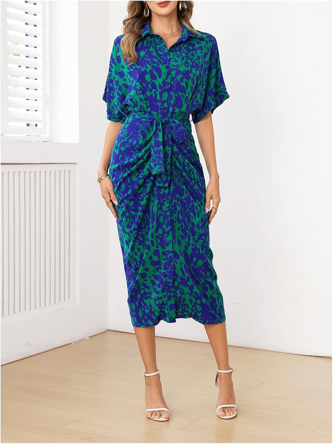 Large, MakeMeChic Women's High Waist Belted Shirt Dress High Split Printed Collar Neck Short Sleeve Midi Dress