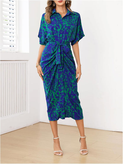 Large, MakeMeChic Women's High Waist Belted Shirt Dress High Split Printed Collar Neck Short Sleeve Midi Dress