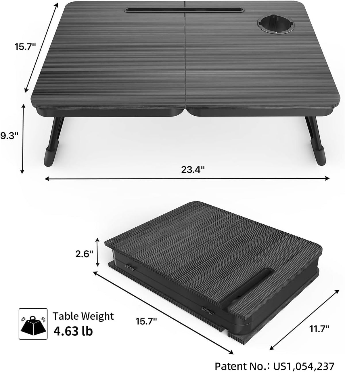 23.4" Foldable Lap Desk Bed Table with Cup Holder Tray Black Portable Folds Flat for Easy Storage, No Assembly Laptop Bed Desk, Sturdy and Lightweight, Patent Design ( 4 sports were scratched ) )