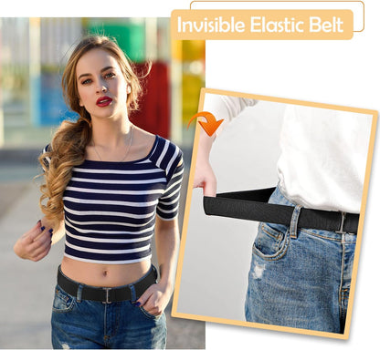 HAWOWZ 2Pcs No Show Stretch Belt for Women Invisible Elastic Tuck Band, Adjustable Strap Crop Belt with Flat Buckle for Jeans Pants Dresses