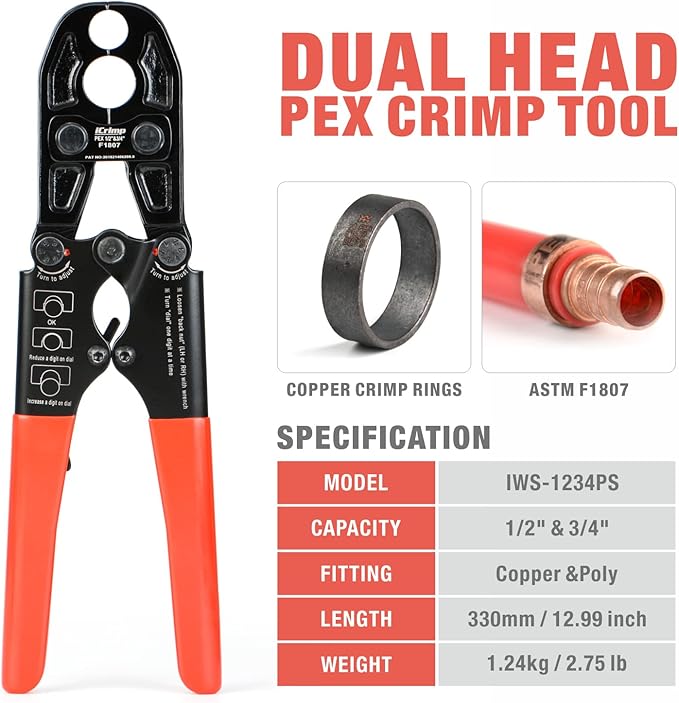 IWISSiCrimp PEX Pipe Copper Ring Crimping Tool Kit for 12 in, 34 in Crimp Rings, Meets F1807 Standard (13" Combo PEX Crimper)